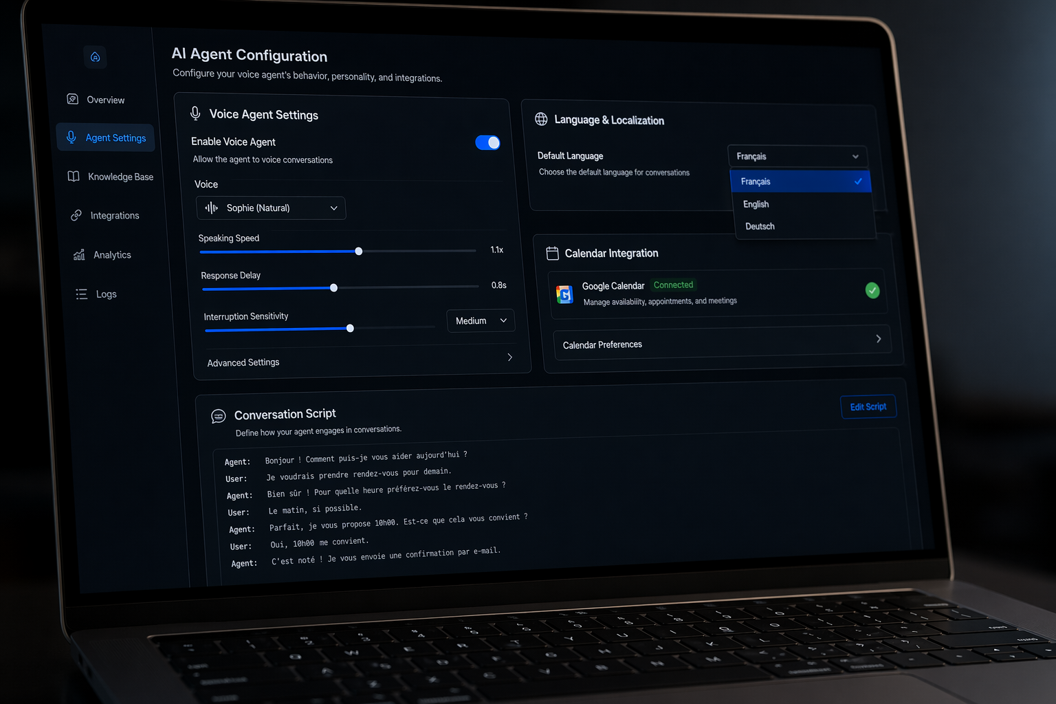 Interface de configuration de l'agent vocal MyCalls : connexion du calendrier, langues, scripts
